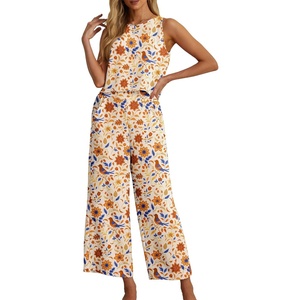 image:imageIWOLLENCE Womens Summer 2 Piece Outfits Set Round neck Sleeveless Tank Crop Top Wide Leg pants Set Pockets JumpsuitsB Ac Orange Blue Bird