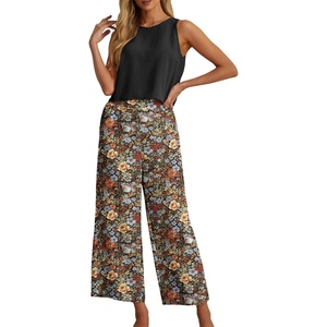 image:imageIWOLLENCE Womens Summer 2 Piece Outfits Set Round neck Sleeveless Tank Crop Top Wide Leg pants Set Pockets JumpsuitsB Bk Colorful Flower