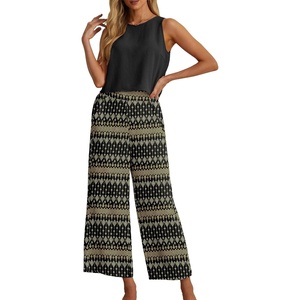 image:imageIWOLLENCE Womens Summer 2 Piece Outfits Set Round neck Sleeveless Tank Crop Top Wide Leg pants Set Pockets JumpsuitsB Black Geo Line