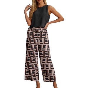 image:imageIWOLLENCE Womens Summer 2 Piece Outfits Set Round neck Sleeveless Tank Crop Top Wide Leg pants Set Pockets JumpsuitsB Black Puzzle