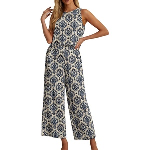 image:imageIWOLLENCE Womens Summer 2 Piece Outfits Set Round neck Sleeveless Tank Crop Top Wide Leg pants Set Pockets JumpsuitsB Khaki Blue Baroque