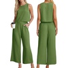 image:imageIWOLLENCE Womens Summer 2 Piece Outfits Set Round neck Sleeveless Tank Crop Top Wide Leg pants Set Pockets JumpsuitsA Matcha Green