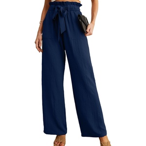 image:imageIWOLLENCE Women High Waist Palazzo Pants Adjustable Knot Ankle Wide Leg Trousers Pockets Beach Vacation Lounge Office03 Dark Blue