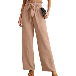 image:imageIWOLLENCE Women High Waist Palazzo Pants Adjustable Knot Ankle Wide Leg Trousers Pockets Beach Vacation Lounge Office07 Khaki