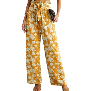 image:imageIWOLLENCE Women High Waist Palazzo Pants Adjustable Knot Ankle Wide Leg Trousers Pockets Beach Vacation Lounge Office09 Yellow White Flower