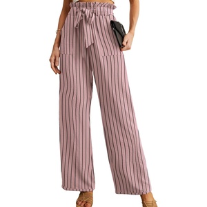 image:imageIWOLLENCE Women High Waist Palazzo Pants Adjustable Knot Ankle Wide Leg Trousers Pockets Beach Vacation Lounge Office11 Gray Pink Stripe