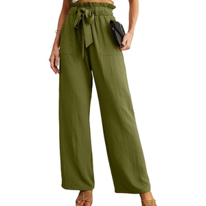 image:imageIWOLLENCE Women High Waist Palazzo Pants Adjustable Knot Ankle Wide Leg Trousers Pockets Beach Vacation Lounge Office14 Army Green