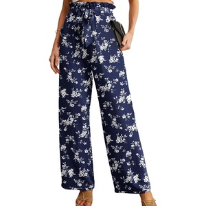 image:imageIWOLLENCE Women High Waist Palazzo Pants Adjustable Knot Ankle Wide Leg Trousers Pockets Beach Vacation Lounge Office28 Navy Flower