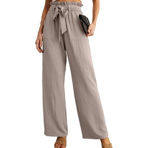 image:imageIWOLLENCE Women High Waist Palazzo Pants Adjustable Knot Ankle Wide Leg Trousers Pockets Beach Vacation Lounge Office29 Light Khaki