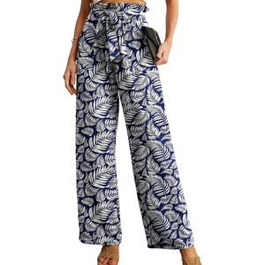 image:imageIWOLLENCE Women High Waist Palazzo Pants Adjustable Knot Ankle Wide Leg Trousers Pockets Beach Vacation Lounge Office32 Dark Blue Palm Leaf
