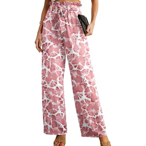 image:imageIWOLLENCE Women High Waist Palazzo Pants Adjustable Knot Ankle Wide Leg Trousers Pockets Beach Vacation Lounge Office32 Pink Fan Flower