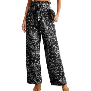 image:imageIWOLLENCE Women High Waist Palazzo Pants Adjustable Knot Ankle Wide Leg Trousers Pockets Beach Vacation Lounge Office33 Black Porcelain