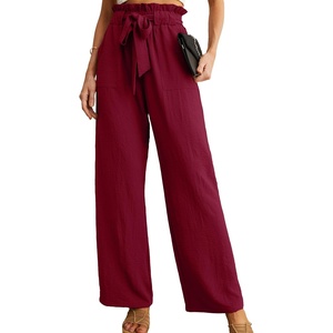 image:imageIWOLLENCE Women High Waist Palazzo Pants Adjustable Knot Ankle Wide Leg Trousers Pockets Beach Vacation Lounge Office34 Wine Red