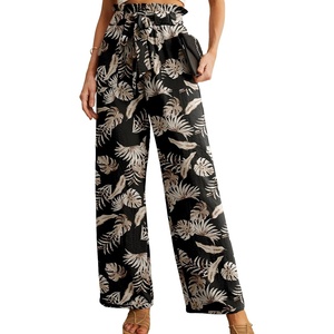image:imageIWOLLENCE Women High Waist Palazzo Pants Adjustable Knot Ankle Wide Leg Trousers Pockets Beach Vacation Lounge Office35 Black Palm Leaf