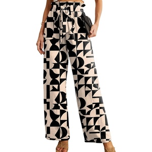 image:imageIWOLLENCE Women High Waist Palazzo Pants Adjustable Knot Ankle Wide Leg Trousers Pockets Beach Vacation Lounge Office40 Apricot Geometry