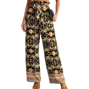 image:imageIWOLLENCE Women High Waist Palazzo Pants Adjustable Knot Ankle Wide Leg Trousers Pockets Beach Vacation Lounge Office45 Black Peony