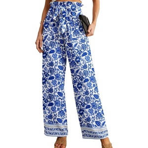 image:imageIWOLLENCE Women High Waist Palazzo Pants Adjustable Knot Ankle Wide Leg Trousers Pockets Beach Vacation Lounge Office47 Blue Porcelain