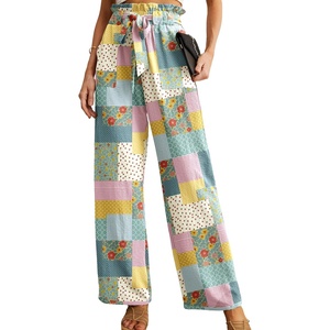 image:imageIWOLLENCE Women High Waist Palazzo Pants Adjustable Knot Ankle Wide Leg Trousers Pockets Beach Vacation Lounge Office52 Colorful Patchwork