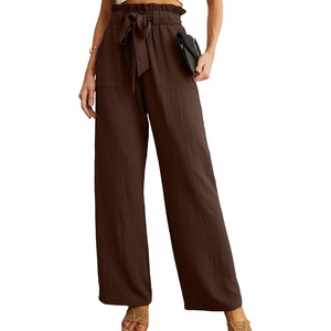 image:imageIWOLLENCE Women High Waist Palazzo Pants Adjustable Knot Ankle Wide Leg Trousers Pockets Beach Vacation Lounge Office57 Chocolate