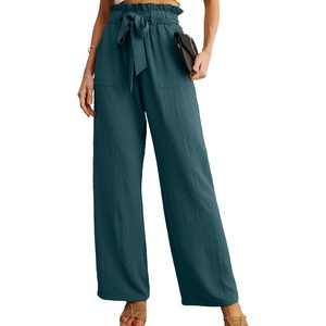 image:imageIWOLLENCE Women High Waist Palazzo Pants Adjustable Knot Ankle Wide Leg Trousers Pockets Beach Vacation Lounge Office58 Gray Blue