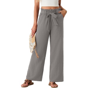 image:imageIWOLLENCE Womens Linen Wide Leg Pants High Waist Palazzo Trousers with Pockets Lyocell Rayon Linen Blend Casual PantsHeather Grey