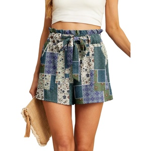 image:imageIWOLLENCE Womens Shorts with Pockets Summer Casual Shorts for Women Waist Casual Lightweight Adjustable Tie Knot Loose45blue Green Patchwork