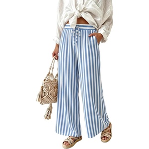 image:imageIWOLLENCE Womens Wide Leg Striped Pants High Waist Straight Lounge Gingham Work Pant Casual Loose Trousers with PocketsSt1blue White