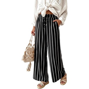 image:imageIWOLLENCE Womens Wide Leg Striped Pants High Waist Straight Lounge Gingham Work Pant Casual Loose Trousers with PocketsSt2black White