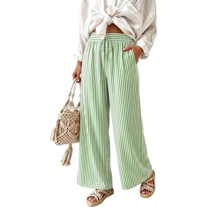 image:imageIWOLLENCE Womens Wide Leg Striped Pants High Waist Straight Lounge Gingham Work Pant Casual Loose Trousers with PocketsStgreen White